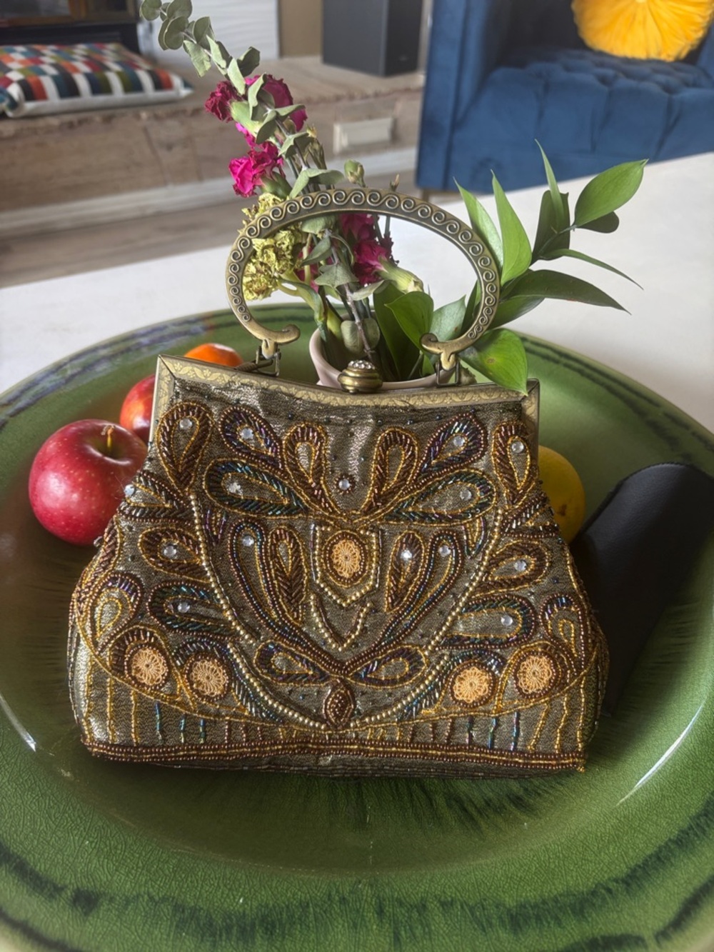 Embellished Beaded Vintage-Style Evening Bag in Olive Gold